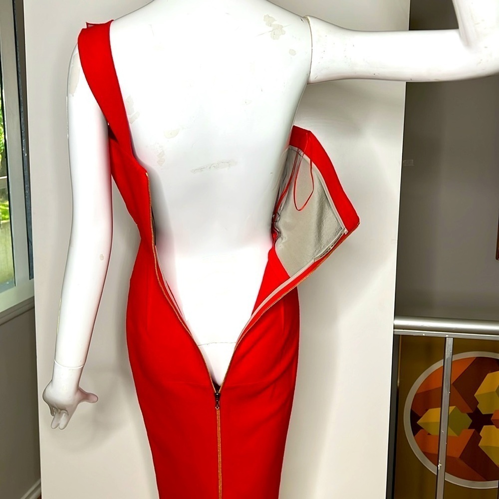 Roland Mouret Sz 2 Red Crepe Wool Pernice One Shoulder Back Zip Dress — image 3 of 8